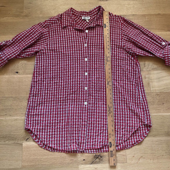 Vtg Lady Lori Womens Red Plaid Tunic Top Sz XL Lagenlook Button Up Lumberjack - Picture 11 of 15